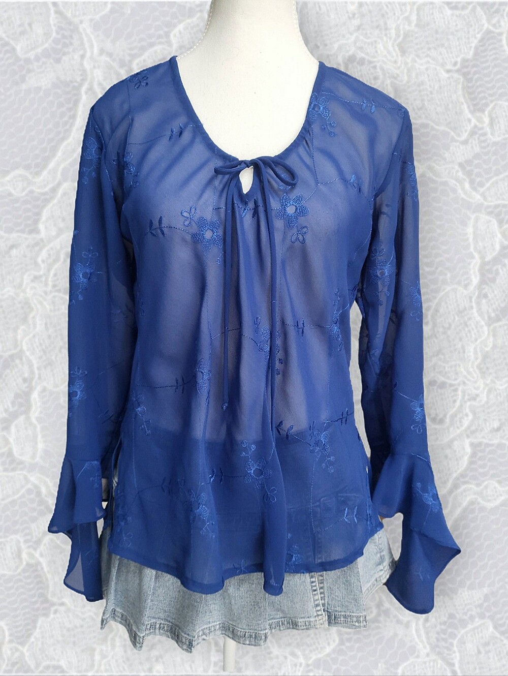 Sheer Embroidered Navy Blue Tie-Neck Women's Top